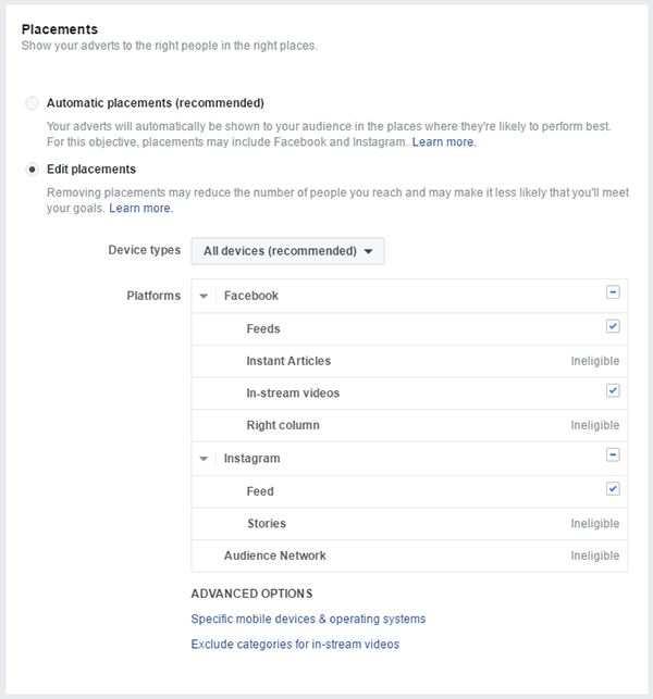 Facebook ad placement options