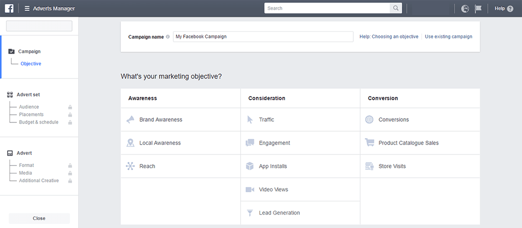Facebook ads marketing objectives