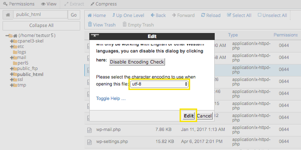 Edit pop-up in the File Manager