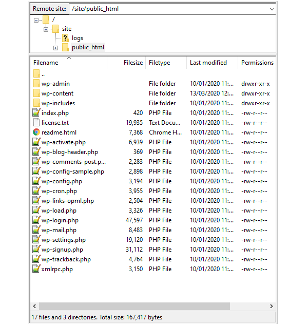 The list of files within FileZilla when you first connect to the server.