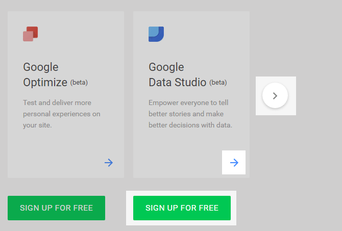 A screenshot showing the three different types of buttons used throughout Google Analytics
