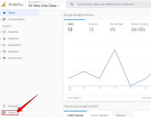 The Admin area of the Google Analytics Dashboard