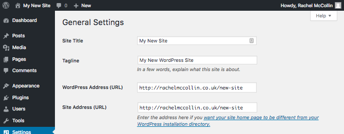 the WordPress general settings screen