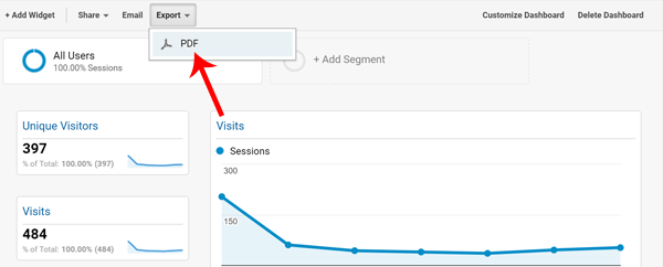 Screenshot of where to find Google Analytics Create PDF Settings