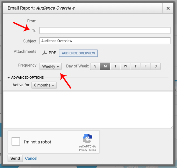 Screenshot of how to configure Google Analytics Send Email with PDF Report