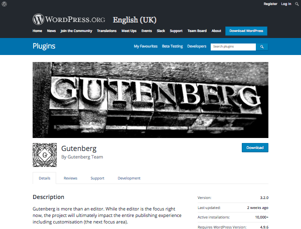 the Gutenberg plugin page on the WordPress plugins directory