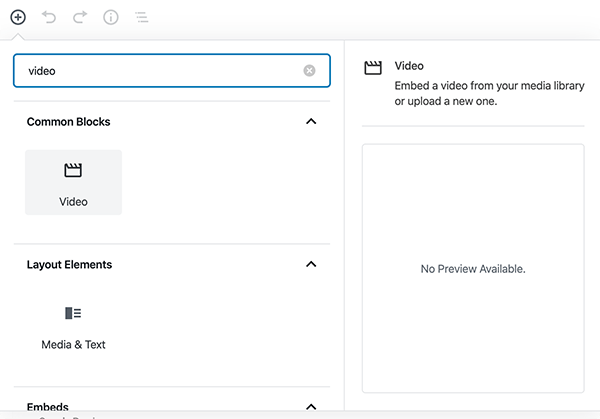 gutenberg-video-block Where you find the audio block in Gutenberg.