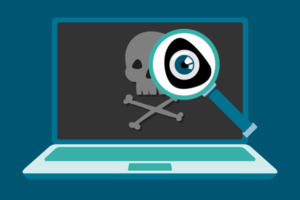 Illustration of a laptop with a skull and cross bones on the screen. A magnifying glass is inspecting the screen.