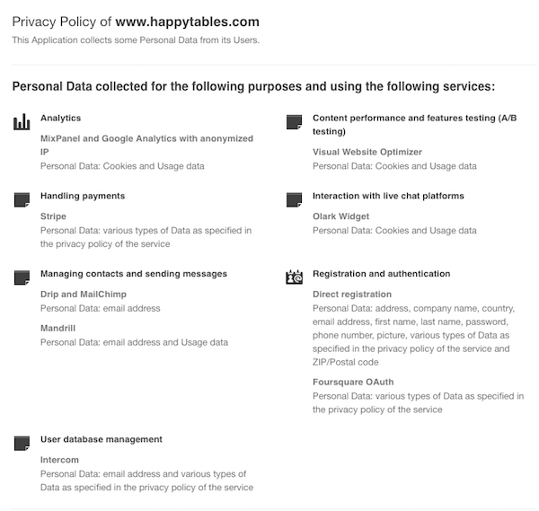 Happytables privacy policy summary
