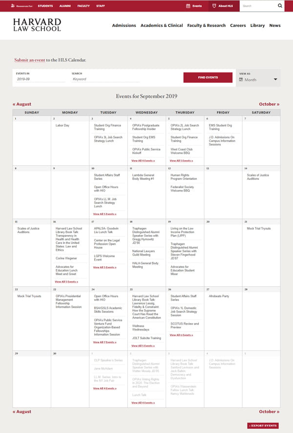 Harvard Law School website: Events calendar