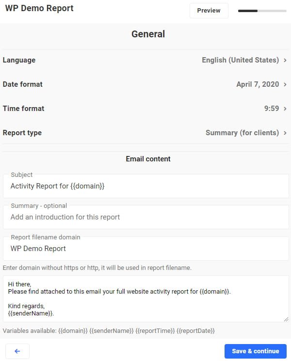 Customize report emails screen.