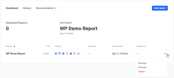 Reports dashboard screen.