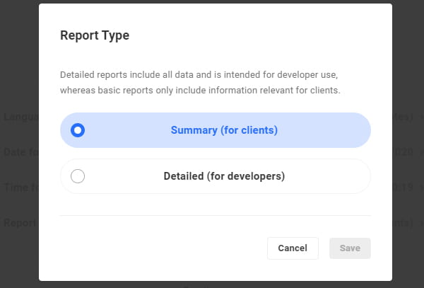 Report Type settings for client or developers reports.