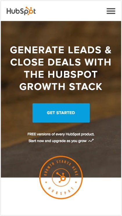 Hubspot's mobile site is simple and directs users to click the CTA.