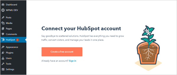 HubsSpot account log in and setup screen inside WordPress dashboard.