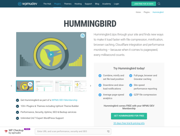 Hummingbird plugin page on wpmu dev