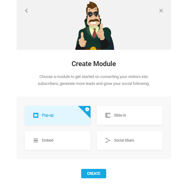 First screen of creating a Hustle module, selecting a pop-up
