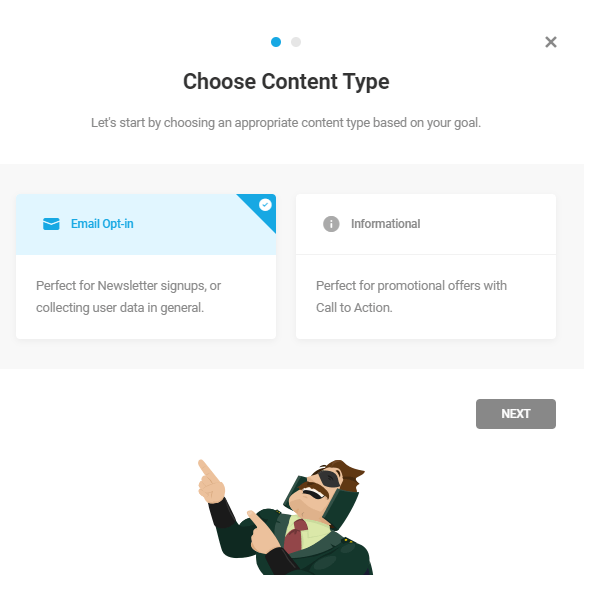 Screen where you can choose the content type - either email or informational