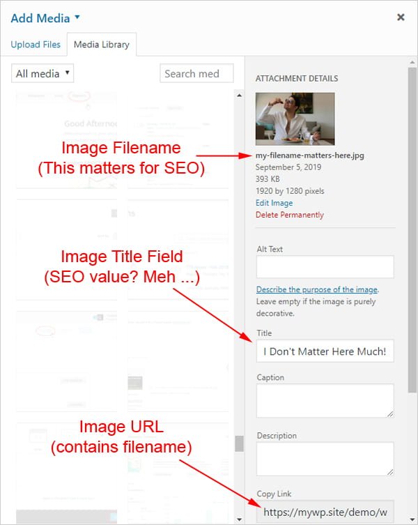 Screenshot of WordPress Media library highlighting image filename, title field, and image URL.