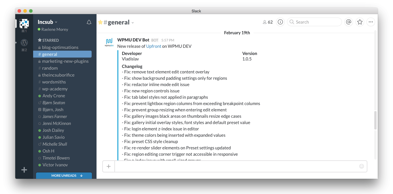 When we released a new version of Upfront recently, everyone on our team was automatically alerted in #general.