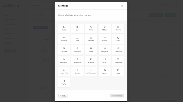Form fields available in Forminator.