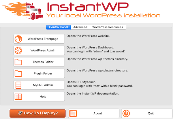 screenshot of instantwp control panel