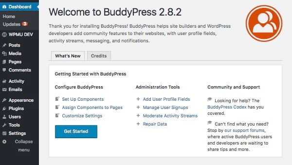 BUddyPress intro screen