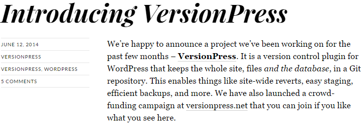 screenshot of blog post introducing versionpress