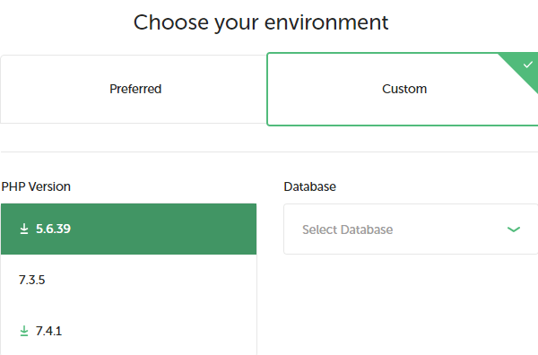 Showing where you can select your preferred version of PHP and database.