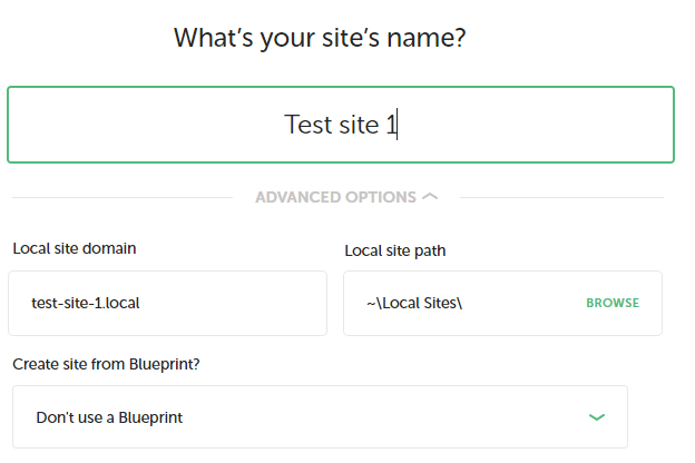 Screenshot of the screen where you name your site.