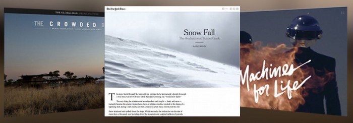 Screenshot of the NYT's Snowfall, The Global Mail's Crowded Desert and PitchFork's Daft Punk feature