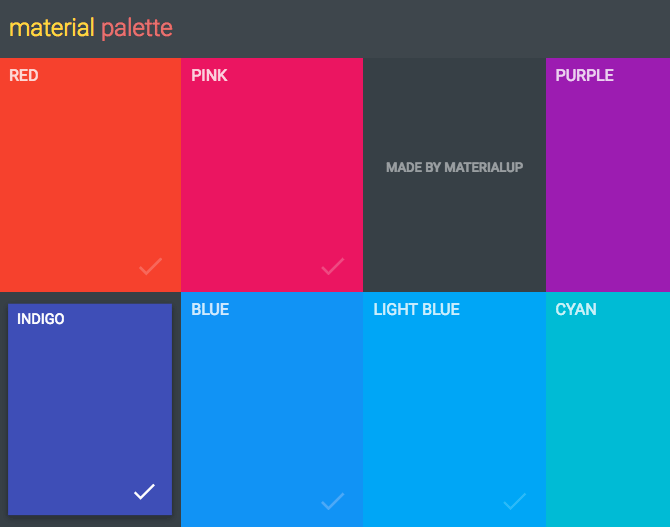 Pick your favourite two colors and Material Palette provides suggestions for matching colors and primary text.