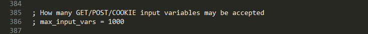 max-input-vars Screenshot of php.ini showing the max_input_vars definition