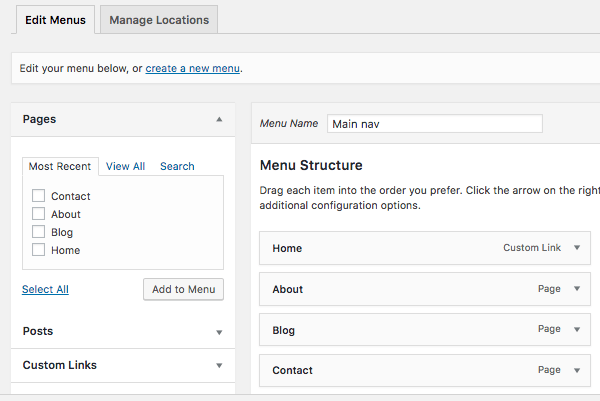 Menus page in WordPress admin