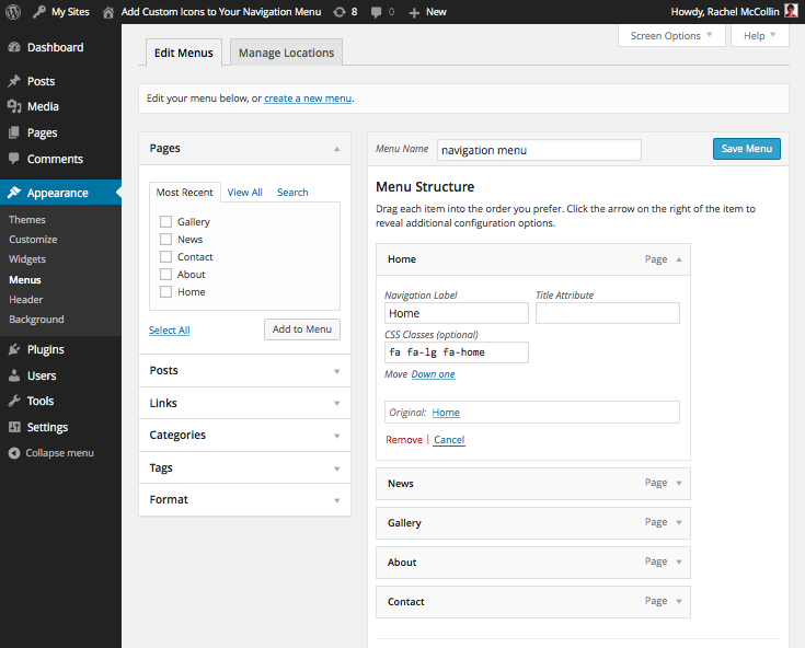 Menus Admin Screen with CSS Classes added