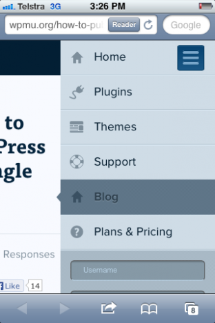 Screenshot from a smartphone showing WPMU.org's mobile menu