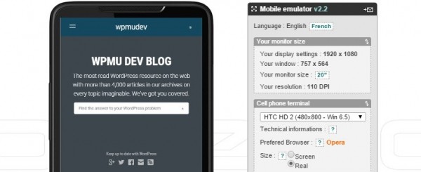 The Mobile Phone Emulator site with the WPMU DEV site loaded on the sample smaller HTC phone in the browser window.