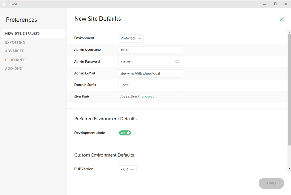 Preferences - New Site Defaults