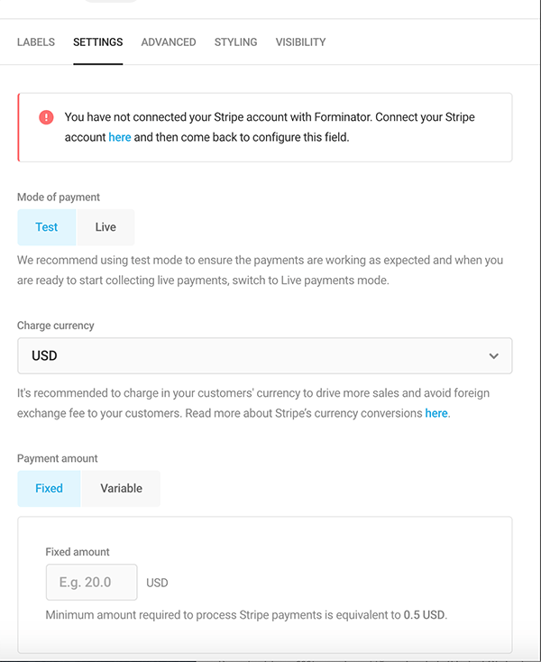 not-connected-to-stripe-forminator Not connected to Stripe settings screen.