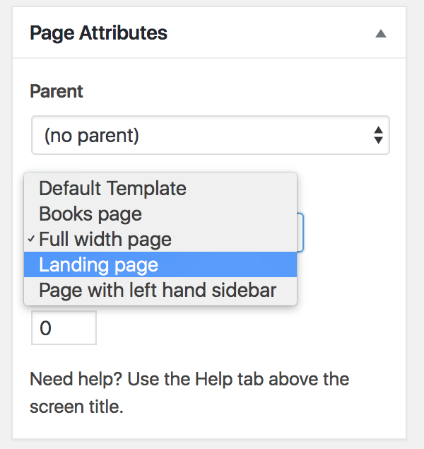 Selecting a page template in the page editing screen