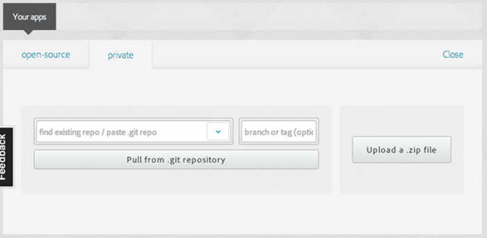 Screenshot of the create app screen