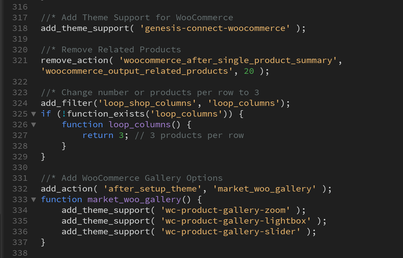 Screenshot of WordPress functions file code with Woocommerce functions