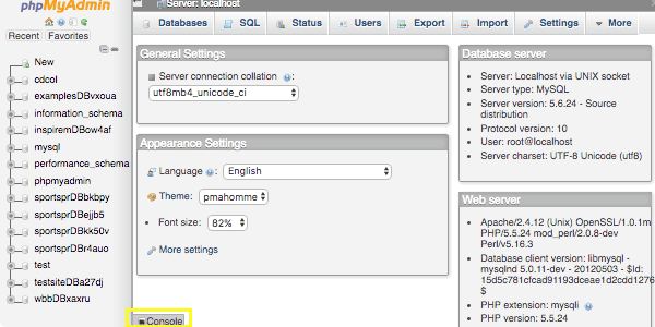 The phpMyAdmin main page