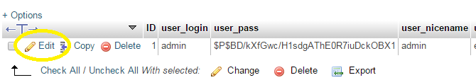 phpMyAdmin Edit Pencil