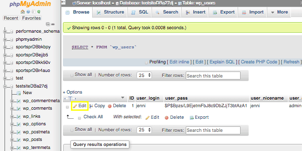 The phpMyAdmin wp_users table.