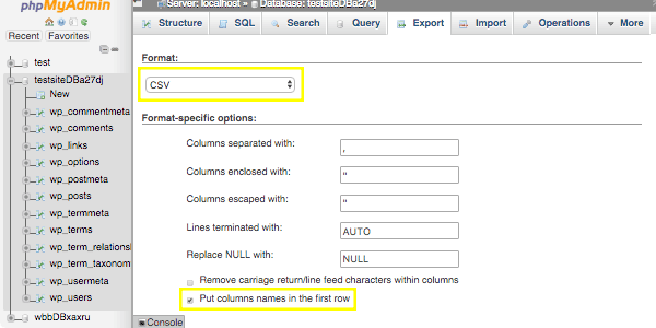 The phpMyAdmin export page