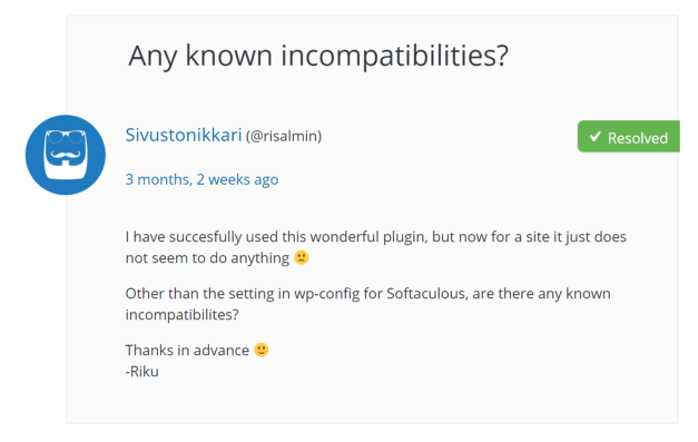 Screenshot of comment asking if there are any known incomatibilities