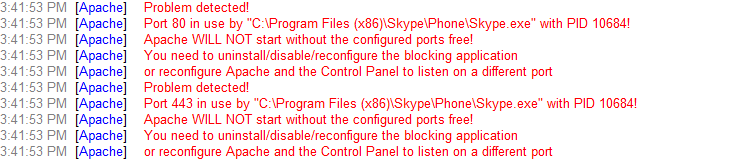 port-issues A message from the XAMPP control panel letting us know Skype is using ports 443 and 80