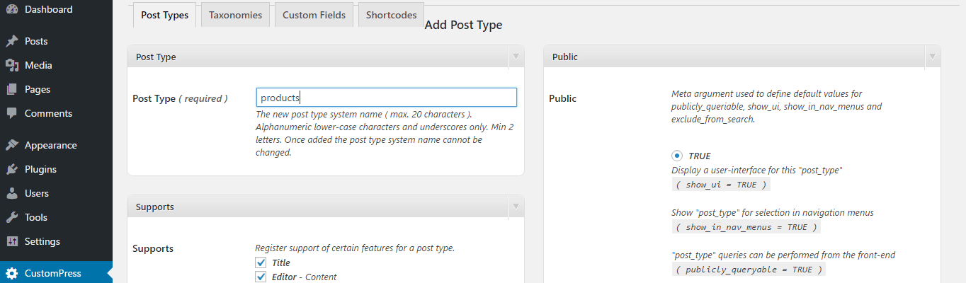 Add Post Type settings.