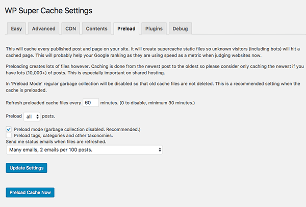 WP Super Cache preload settings